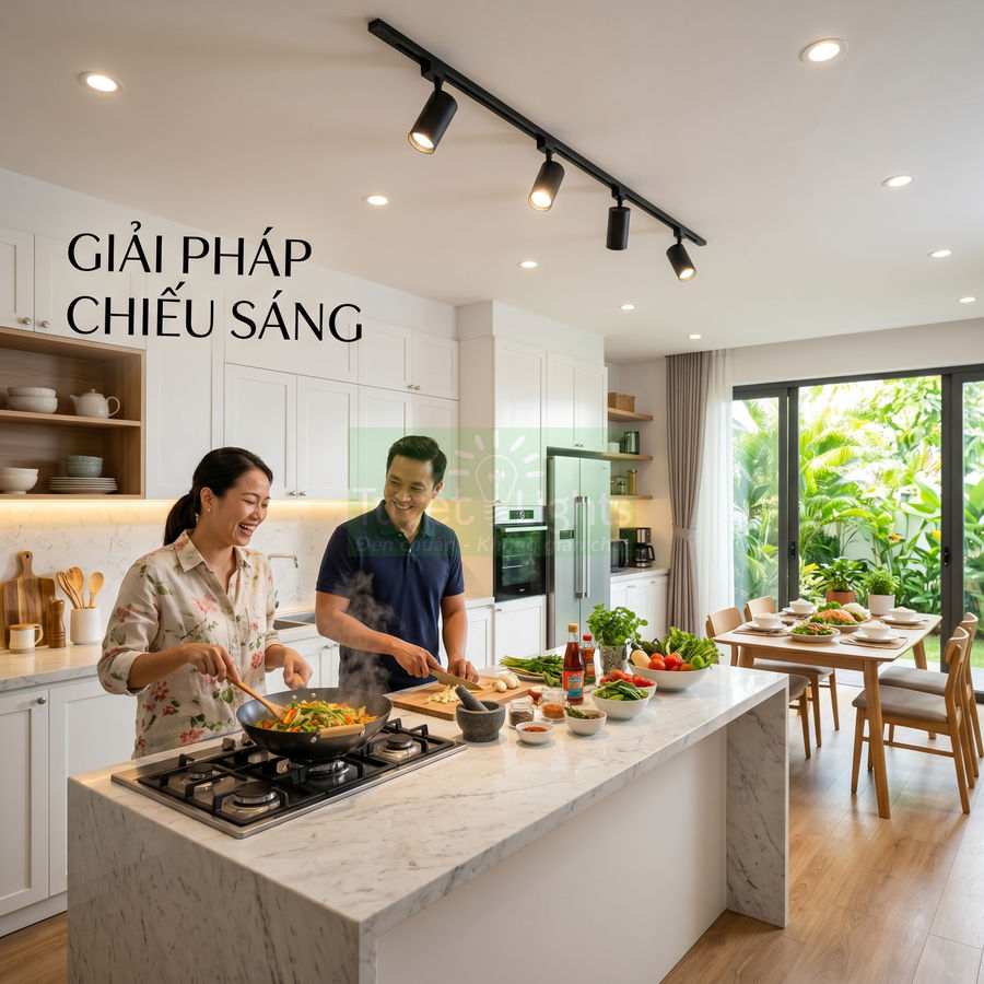 Đèn rọi ray chiếu sáng phòng bếp hiện đại với đảo bếp đá cẩm thạch và vợ chồng đang nấu ăn