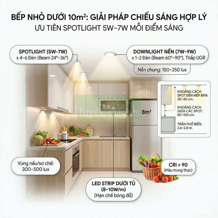 Giải pháp chiếu sáng bếp nhỏ dưới 10m2 với đèn spotlight, downlight âm trần và led strip dưới tủ