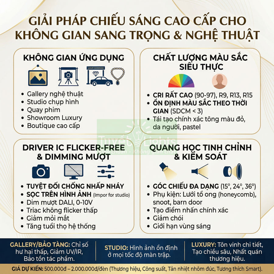 Giải pháp chiếu sáng cao cấp cho không gian sang trọng và nghệ thuật, trình bày ưu điểm và ứng dụng đèn LED