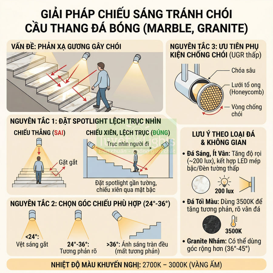Hướng dẫn chiếu sáng cầu thang đá bóng bằng đèn spotlight chống chói, chọn góc chiếu và nhiệt độ màu phù hợp