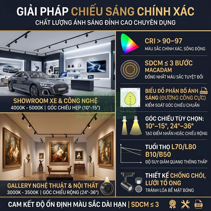 Đèn rọi ray LED chiếu sáng showroom ô tô và gallery tranh nghệ thuật với góc chiếu linh hoạt