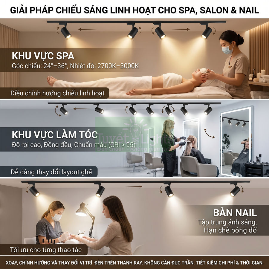 Đèn rọi ray LED chiếu sáng linh hoạt cho khu vực spa, làm tóc và bàn nail trong salon chuyên nghiệp