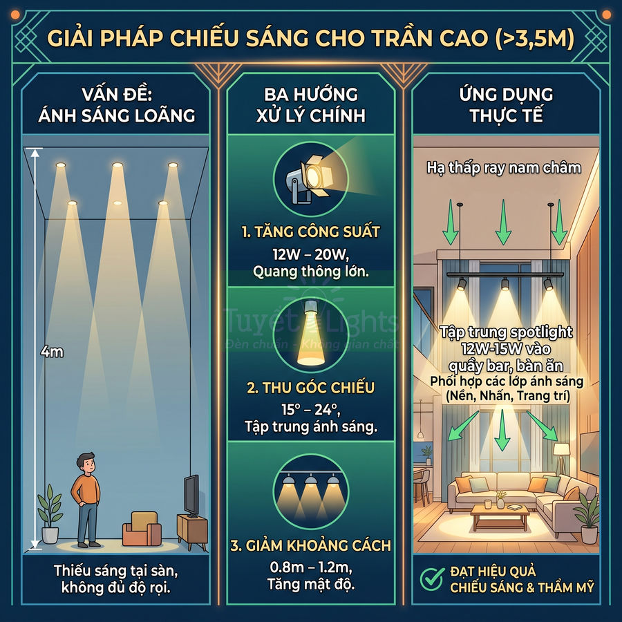 Giải pháp chiếu sáng trần cao với đèn spotlight công suất lớn, thu hẹp góc chiếu và bố trí dày cho phòng khách