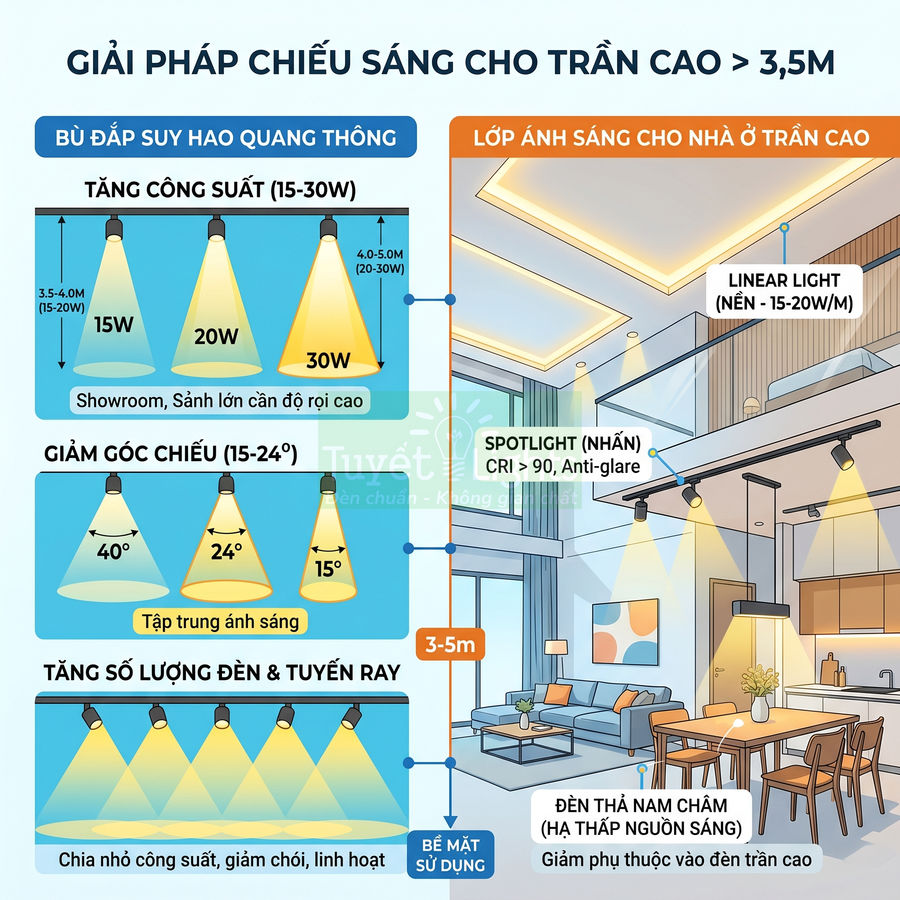 Giải pháp chiếu sáng trần cao với đèn spotlight, đèn ray và đèn thả nam châm cho phòng khách hiện đại
