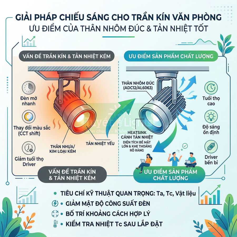 Infographic so sánh đèn LED thân nhựa tản nhiệt kém với đèn LED thân nhôm đúc tản nhiệt tốt cho trần kín văn phòng