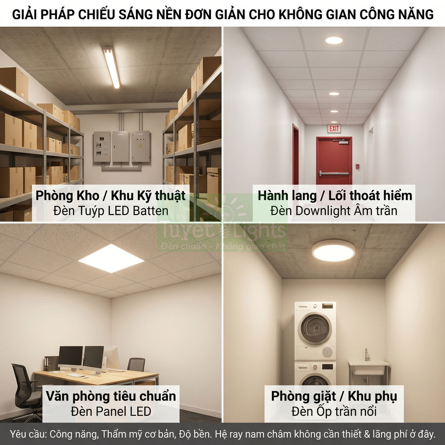 Giải pháp chiếu sáng nền với đèn LED cho kho, hành lang, văn phòng và phòng giặt trong không gian công năng