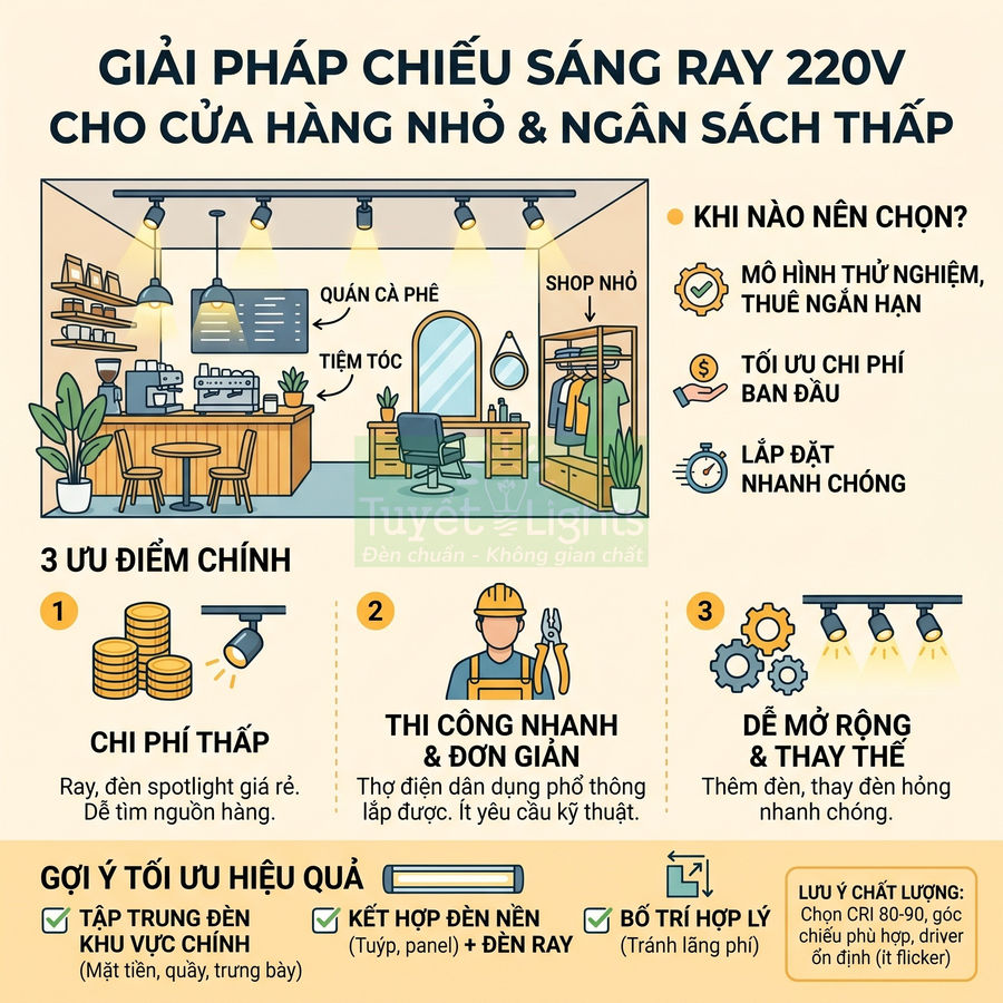 Giải pháp chiếu sáng ray 220V cho cửa hàng nhỏ, đèn spotlight giá rẻ dễ lắp đặt và mở rộng