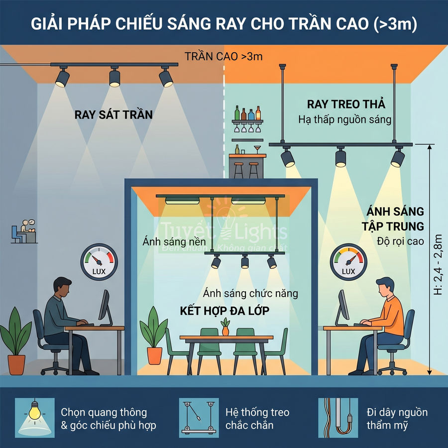 Giải pháp chiếu sáng ray cho trần cao với đèn ray sát trần và ray treo thả cho văn phòng làm việc