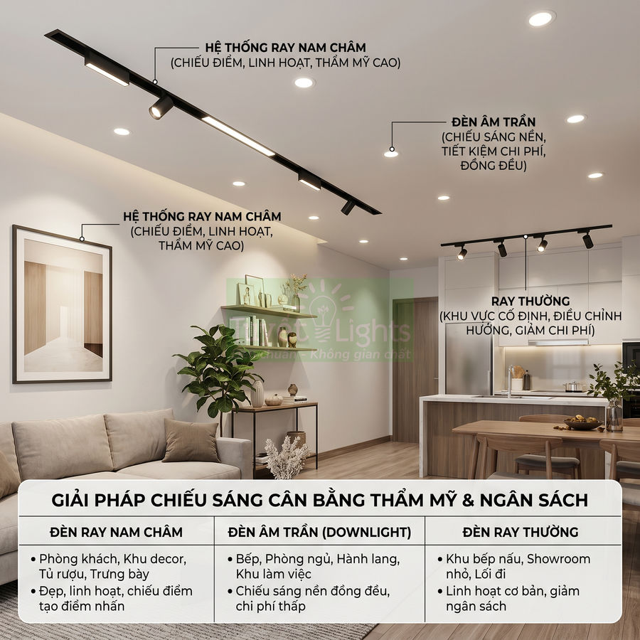 Hệ thống đèn ray nam châm và đèn âm trần chiếu sáng phòng khách liền bếp hiện đại