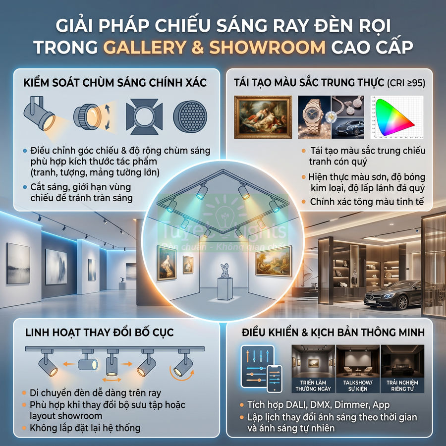 Giải pháp chiếu sáng ray đèn rọi cao cấp cho gallery và showroom trưng bày tranh, tượng, xe hơi