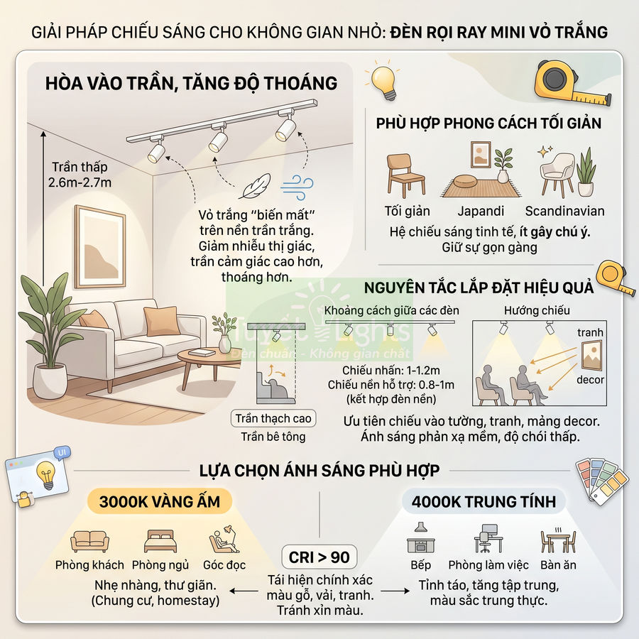 Đèn rọi ray mini vỏ trắng lắp trần cho phòng khách nhỏ phong cách tối giản, ánh sáng vàng ấm và trung tính