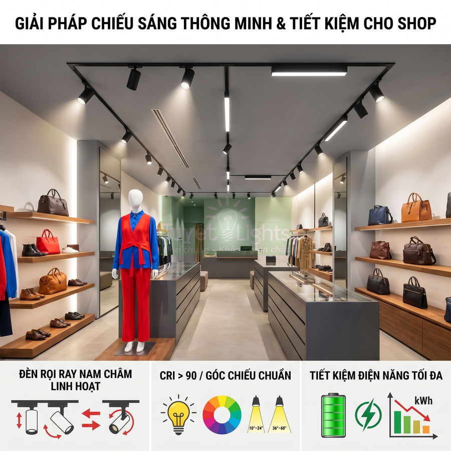 Đèn rọi ray nam châm chiếu sáng thông minh tiết kiệm điện cho shop thời trang trưng bày quần áo và túi xách