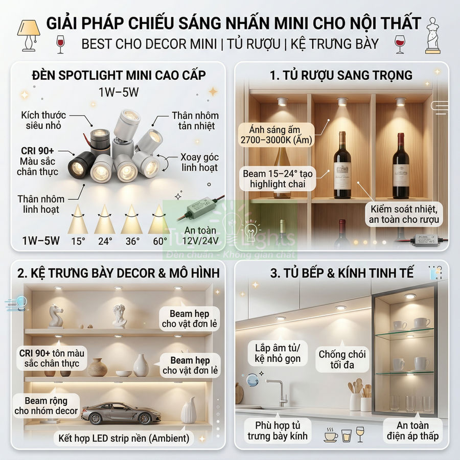 Đèn spotlight mini LED chiếu điểm cho tủ rượu, kệ trưng bày decor và tủ bếp nội thất hiện đại