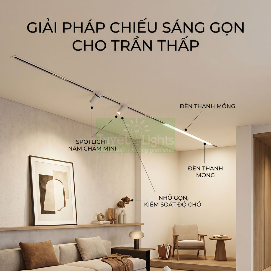 Đèn spotlight nam châm mini và đèn thanh mỏng lắp trần thấp chiếu sáng phòng khách hiện đại