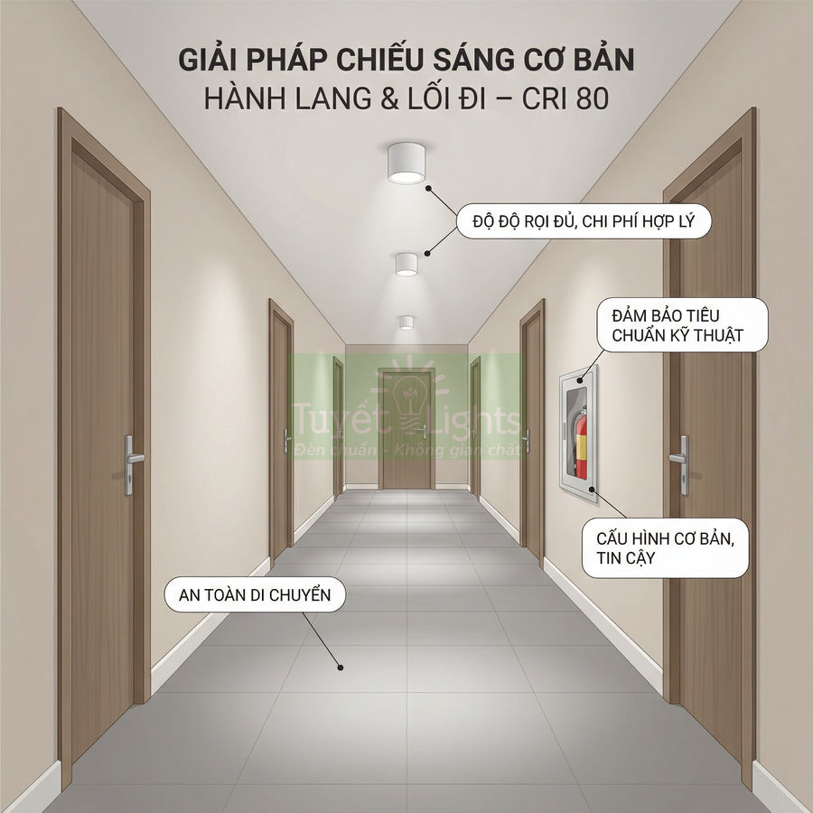 Đèn trần chiếu sáng cơ bản cho hành lang và lối đi với nhiều cửa gỗ hai bên