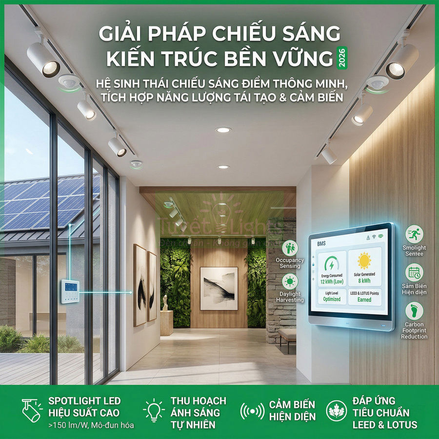 Hệ thống đèn spotlight LED thông minh cho kiến trúc bền vững, tích hợp cảm biến và năng lượng mặt trời