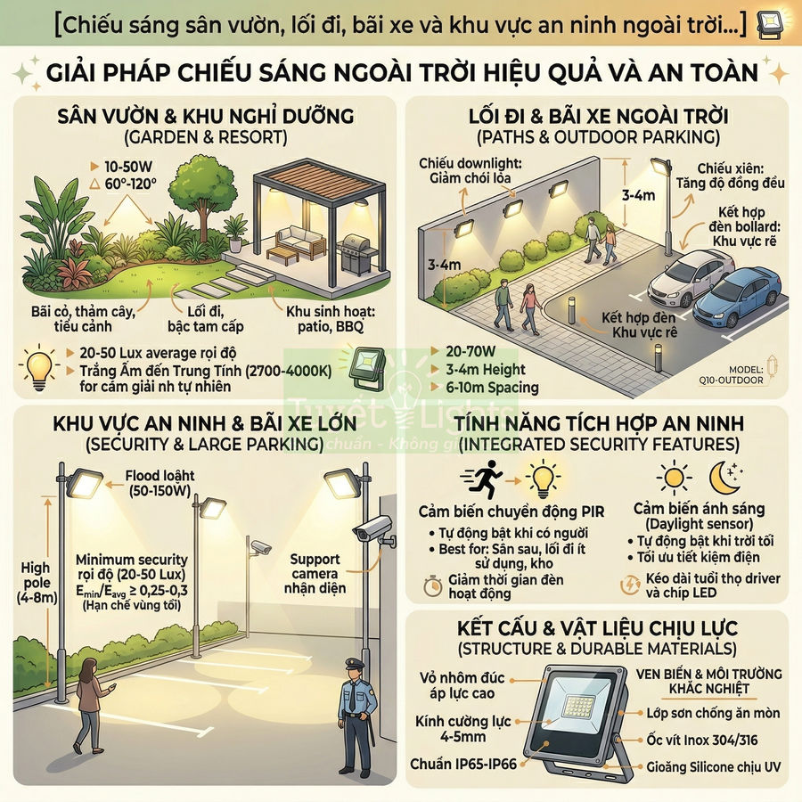 Giải pháp đèn LED chiếu sáng ngoài trời cho sân vườn, lối đi, bãi xe và khu vực an ninh an toàn
