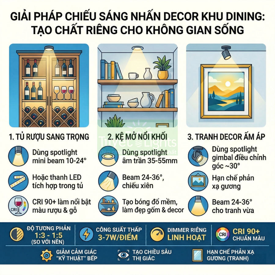 Infographic giải pháp chiếu sáng spotlight và LED trang trí tủ rượu, kệ mở, tranh decor khu dining