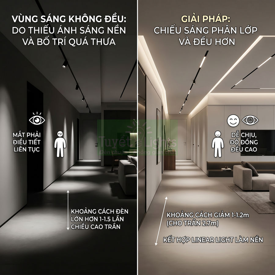 So sánh bố trí đèn downlight và linear light giúp chiếu sáng hành lang phòng khách đều và dễ chịu hơn