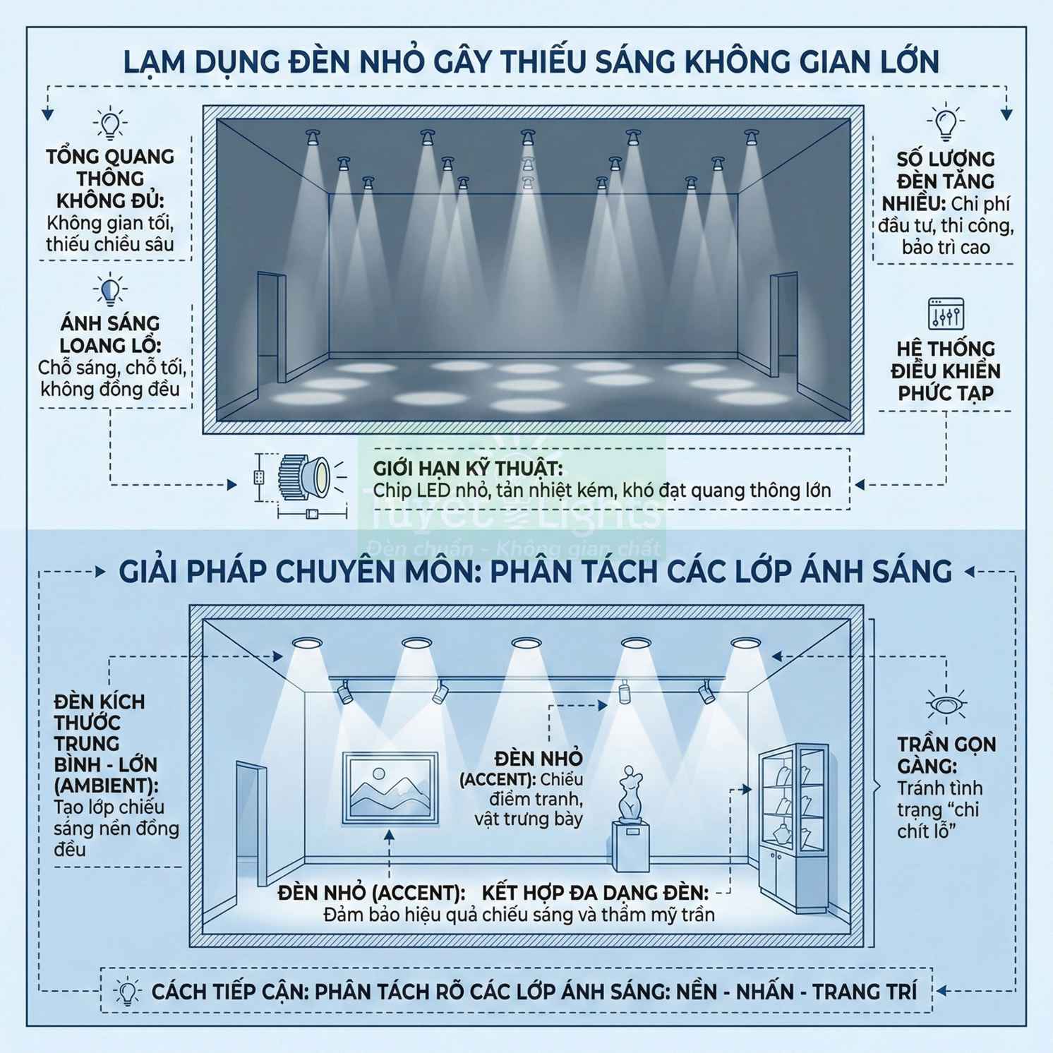 So sánh giải pháp chiếu sáng dùng nhiều đèn nhỏ và đèn kích thước lớn cho không gian nội thất trần cao