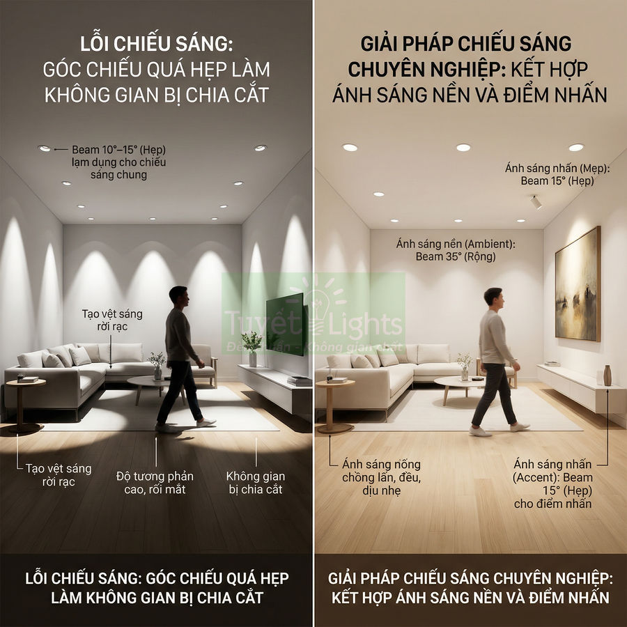 So sánh phòng khách dùng đèn downlight góc chiếu hẹp và giải pháp chiếu sáng kết hợp ánh sáng nền và điểm nhấn