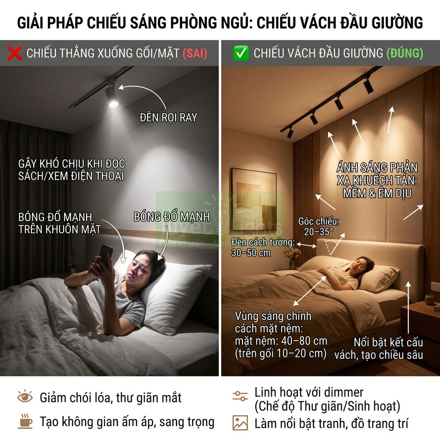So sánh đèn rọi ray chiếu thẳng và chiếu vách đầu giường trong phòng ngủ, minh họa ánh sáng sai và đúng