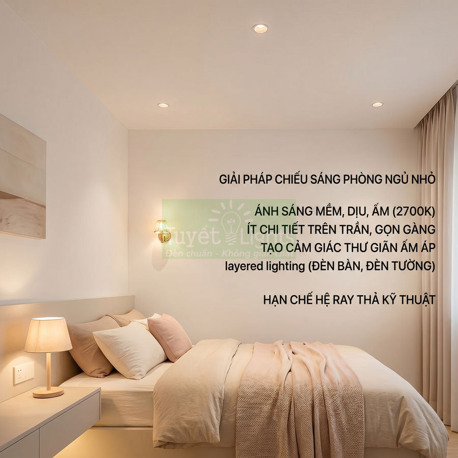 Đèn ngủ để bàn và đèn tường ánh sáng vàng ấm cho phòng ngủ nhỏ nội thất tối giản