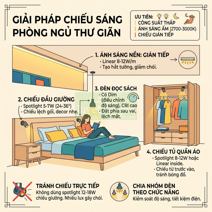 Giải pháp bố trí đèn chiếu sáng phòng ngủ thư giãn với đèn đầu giường, đèn đọc sách và đèn tủ quần áo