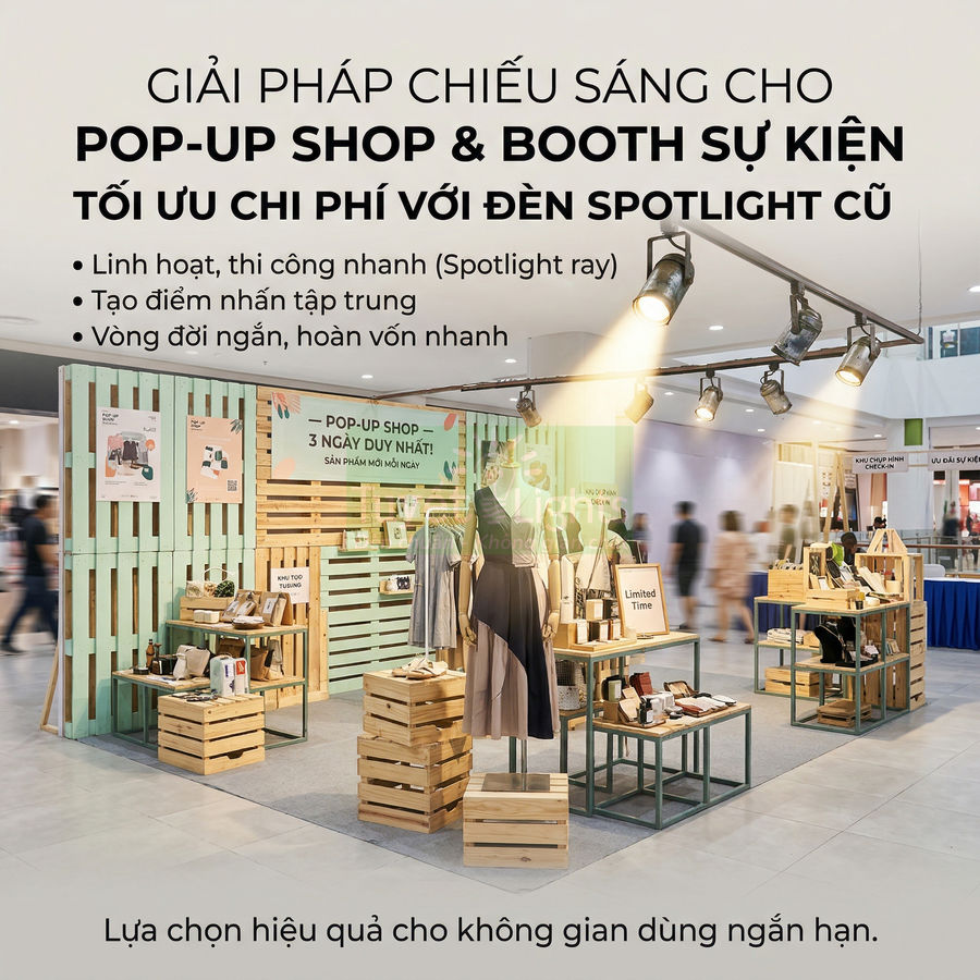 Gian hàng pop up trưng bày quần áo và phụ kiện được chiếu sáng bằng hệ thống đèn spotlight ray