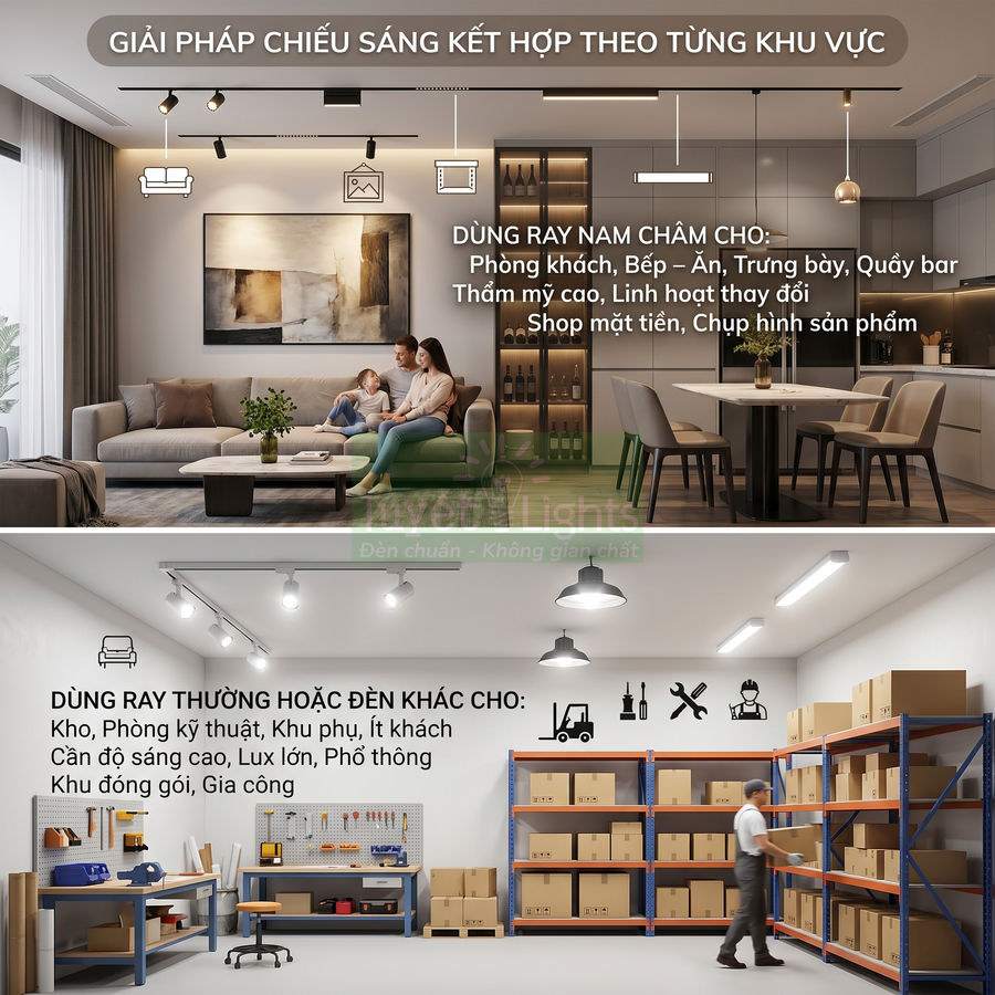 Giải pháp chiếu sáng ray nam châm cho phòng khách bếp và kho xưởng với hệ thống đèn trần hiện đại