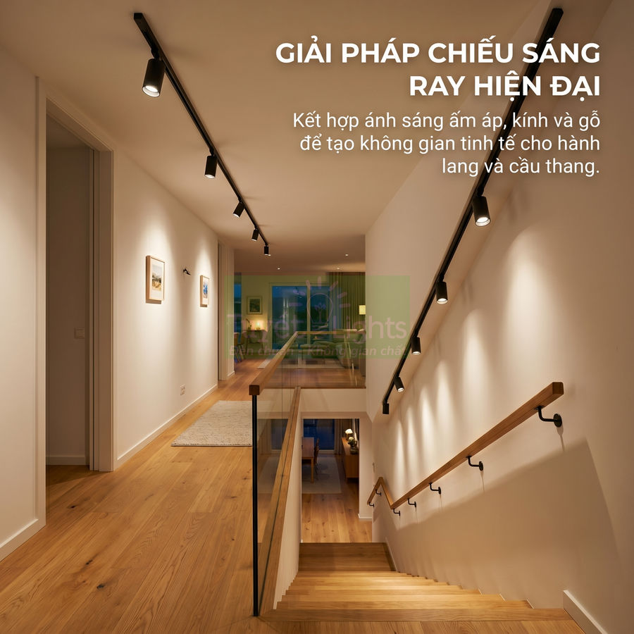 Đèn ray chiếu sáng hiện đại lắp trên trần hành lang và cầu thang gỗ tạo không gian ấm áp tinh tế