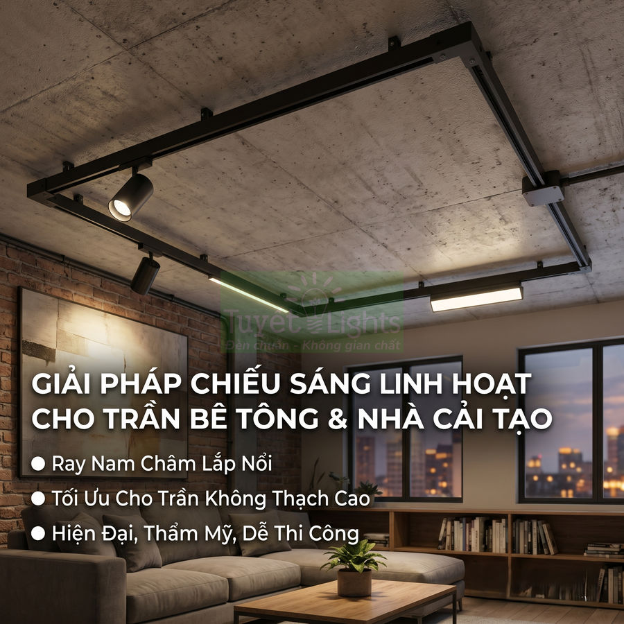 Đèn ray nam châm lắp nổi chiếu sáng trần bê tông hiện đại trong phòng khách nhà cải tạo
