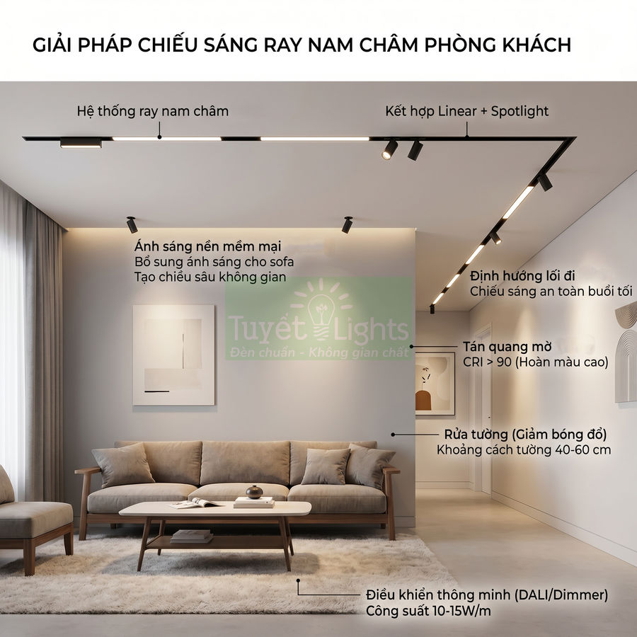 Hệ thống đèn ray nam châm Tuyết Lights chiếu sáng phòng khách hiện đại với sofa và bàn trà