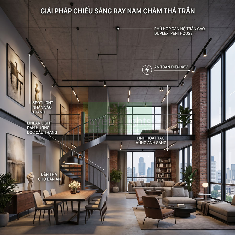 Hệ thống đèn ray nam châm thả trần chiếu sáng phòng khách duplex hiện đại với cầu thang xoắn