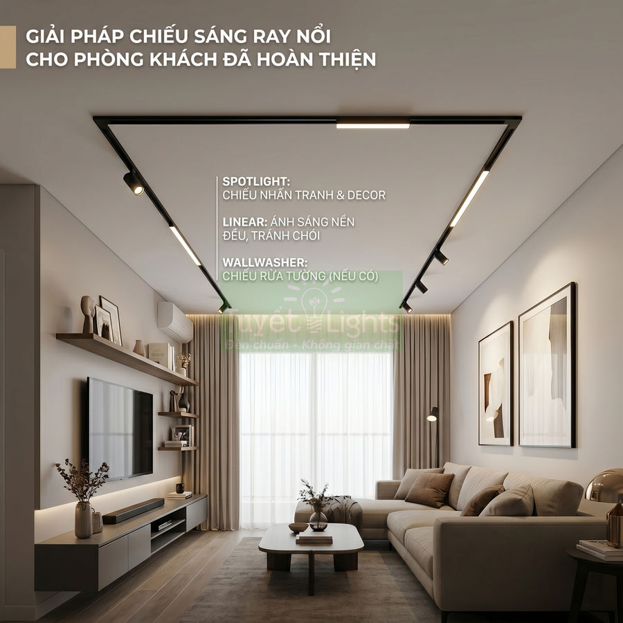 Hệ thống đèn ray nổi Tuyết Lights chiếu sáng phòng khách hiện đại với sofa, kệ tivi và tranh treo tường