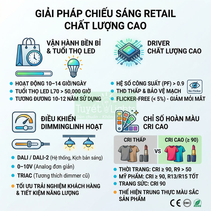 Giải pháp chiếu sáng retail chất lượng cao bằng đèn LED Tuyết Light, tuổi thọ cao, driver tốt, CRI cao, dimming linh hoạt