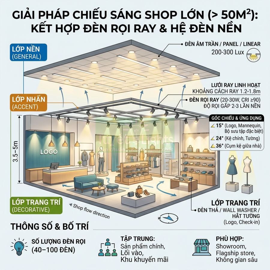Mô phỏng bố trí đèn rọi ray và đèn âm trần chiếu sáng cho shop thời trang diện tích lớn