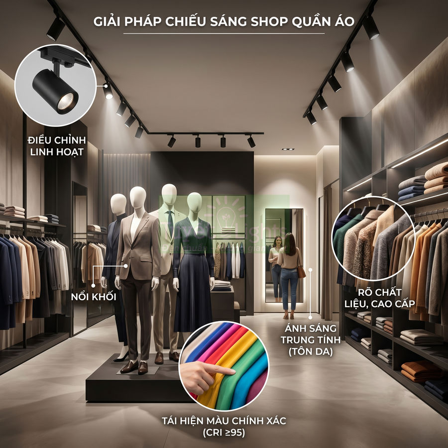 Đèn rọi ray LED chiếu sáng shop quần áo, làm nổi bật mannequin và quần áo trưng bày cao cấp