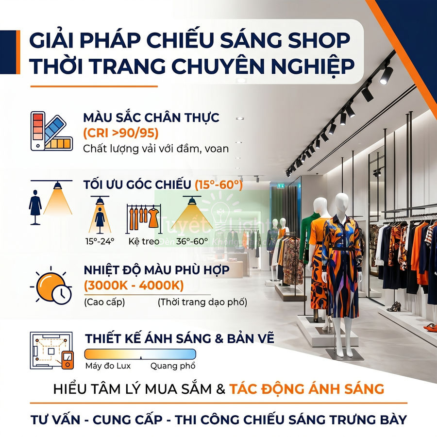 Giải pháp chiếu sáng chuyên nghiệp cho shop thời trang với đèn rọi trần và ma nơ canh trưng bày váy áo