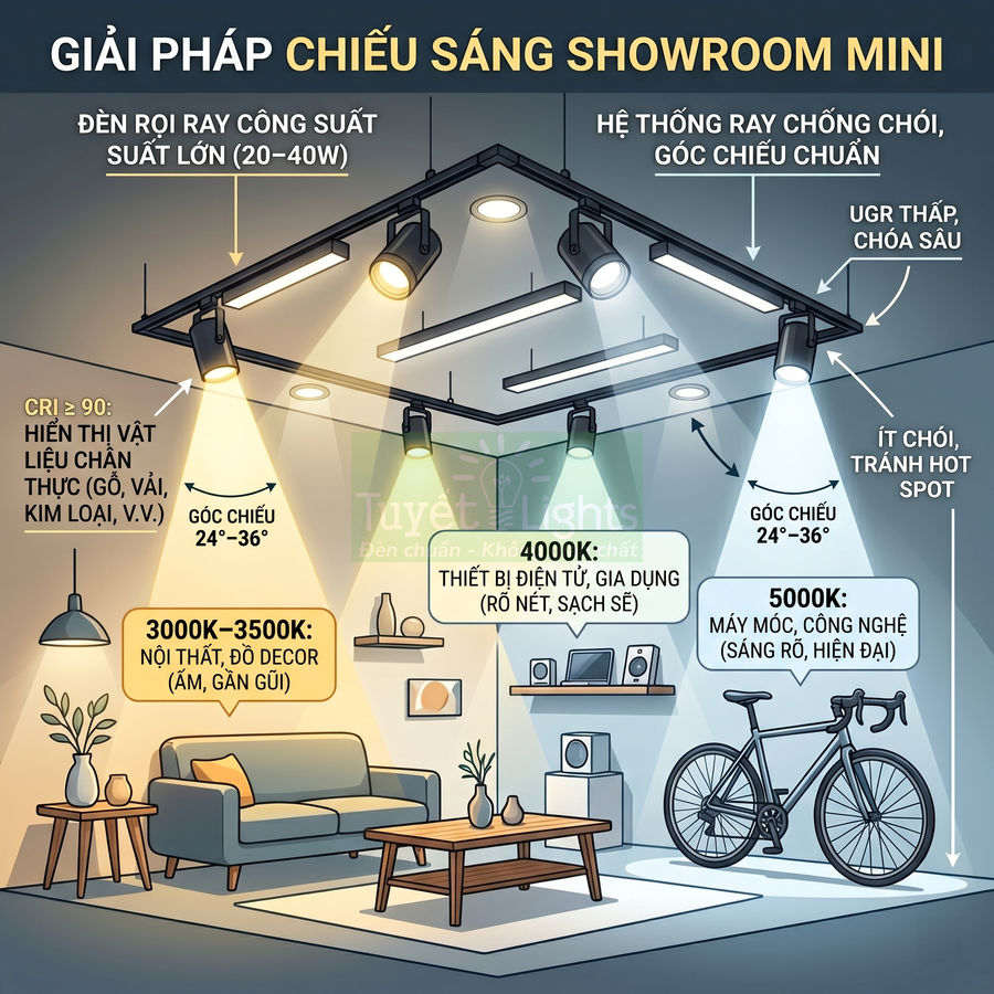 Giải pháp chiếu sáng showroom mini với hệ thống đèn rọi ray LED công suất lớn, nhiều nhiệt độ màu khác nhau
