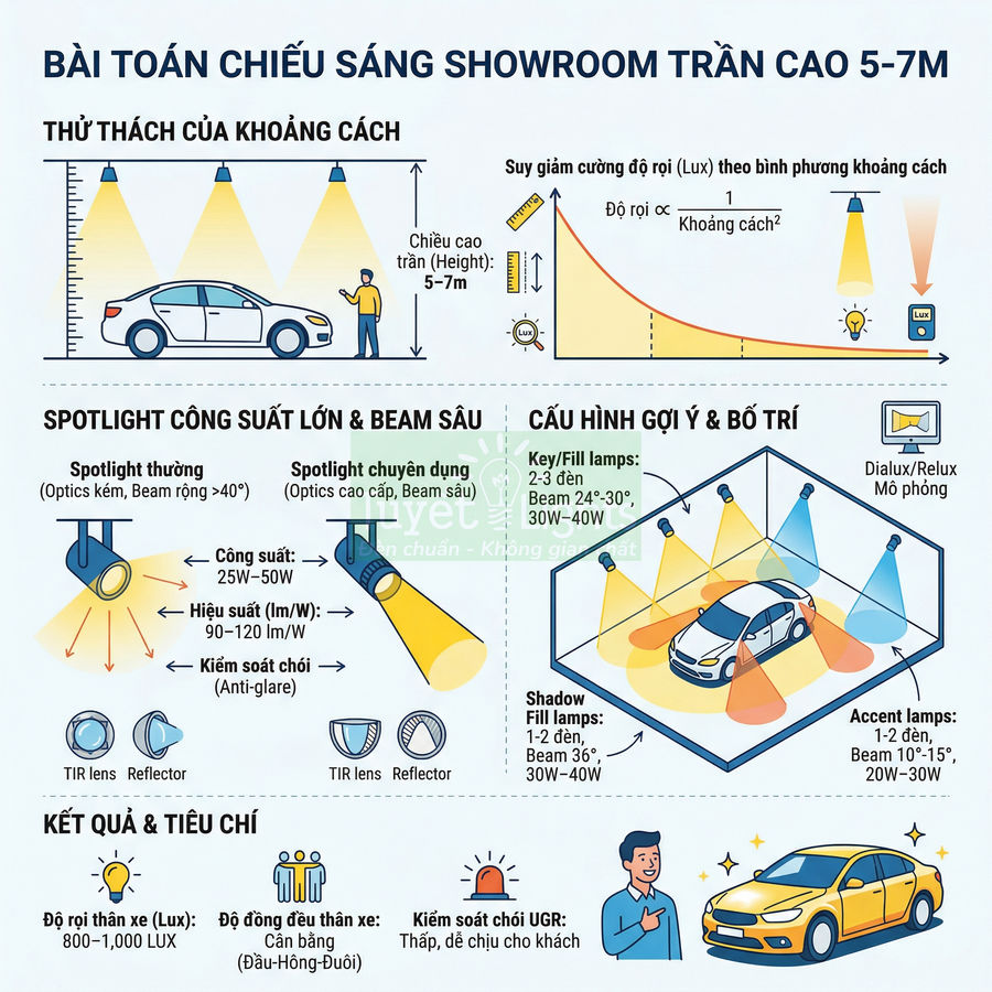 Hướng dẫn bố trí đèn spotlight chiếu sáng showroom ô tô trần cao 5 đến 7 mét