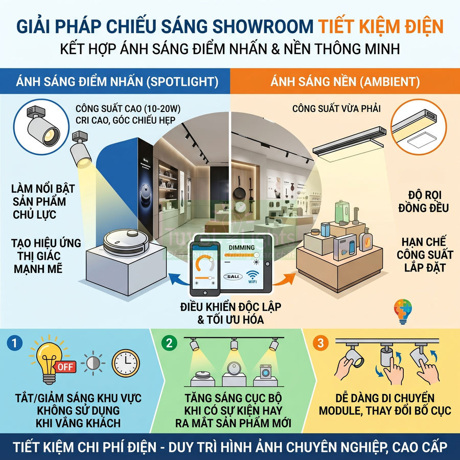 Giải pháp chiếu sáng showroom tiết kiệm điện với đèn spotlight và đèn nền điều khiển thông minh