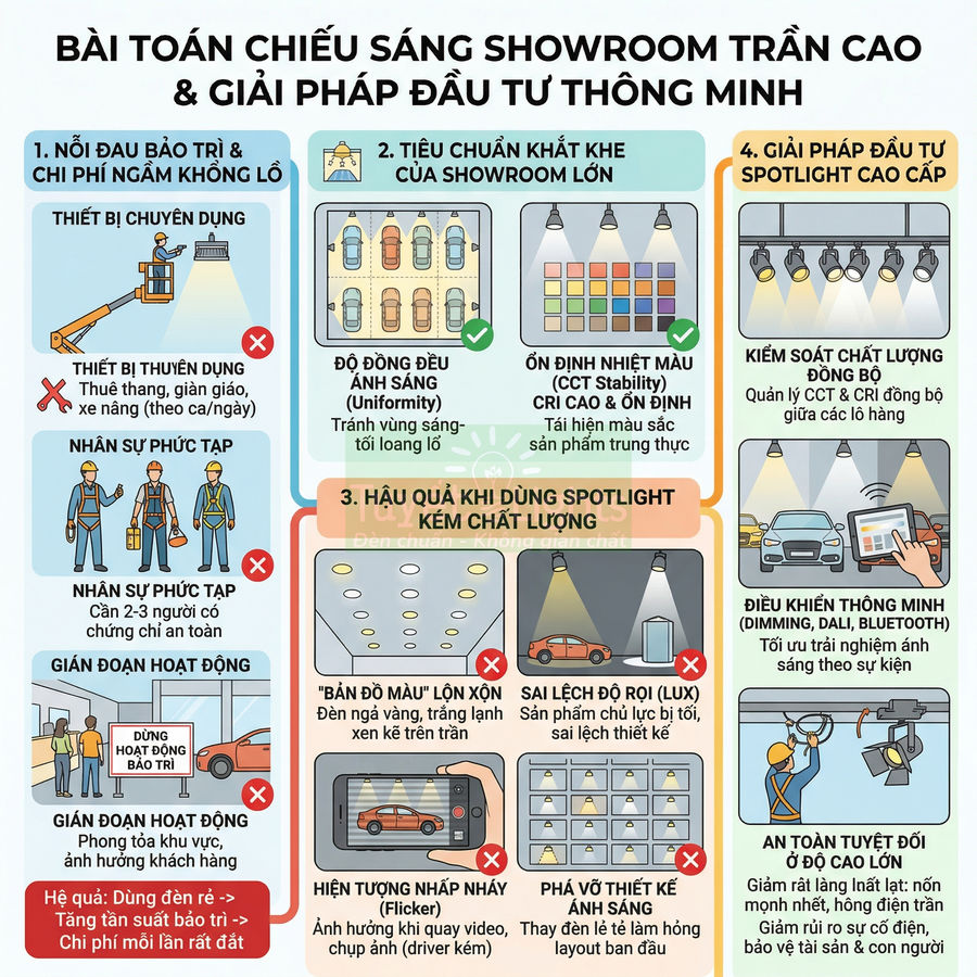 Infographic giải pháp chiếu sáng spotlight cao cấp cho showroom trần cao, so sánh với đèn kém chất lượng