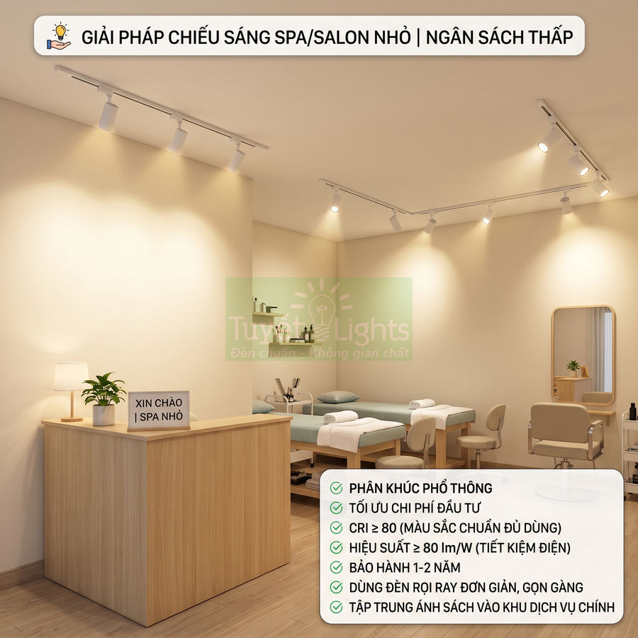 Giải pháp đèn rọi ray Tuyết Lights chiếu sáng spa nhỏ với giường massage và quầy lễ tân gọn gàng