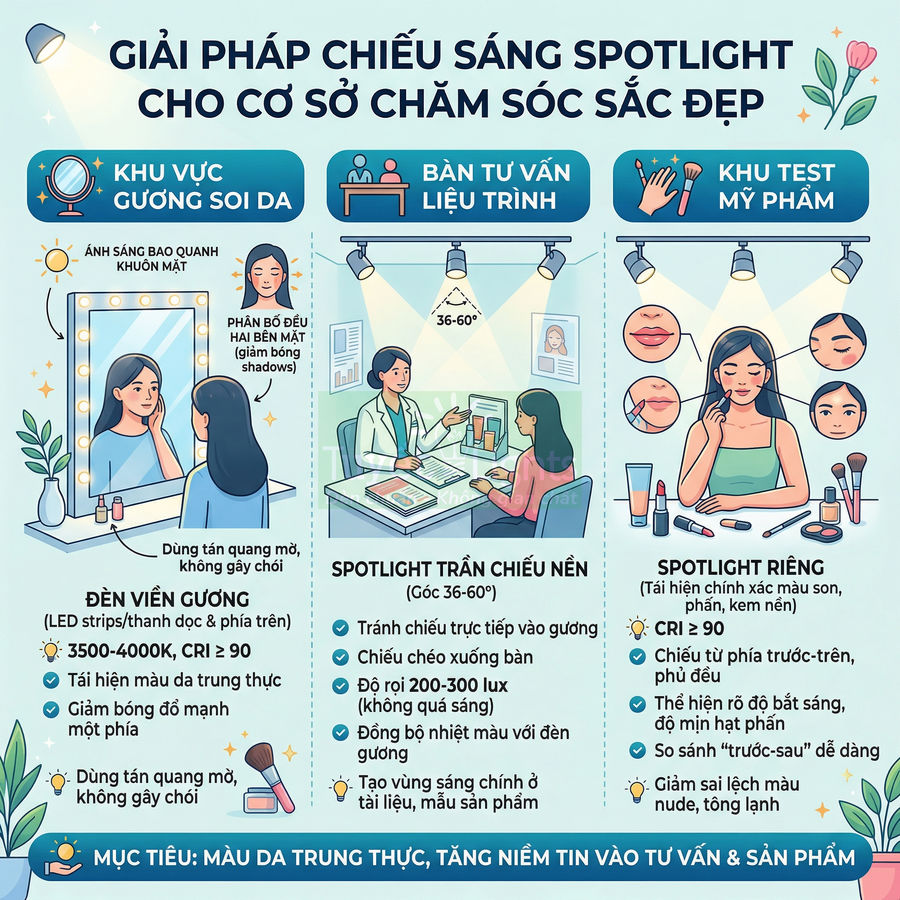 Giải pháp chiếu sáng spotlight cho spa và salon làm đẹp với gương soi, bàn tư vấn và khu test mỹ phẩm