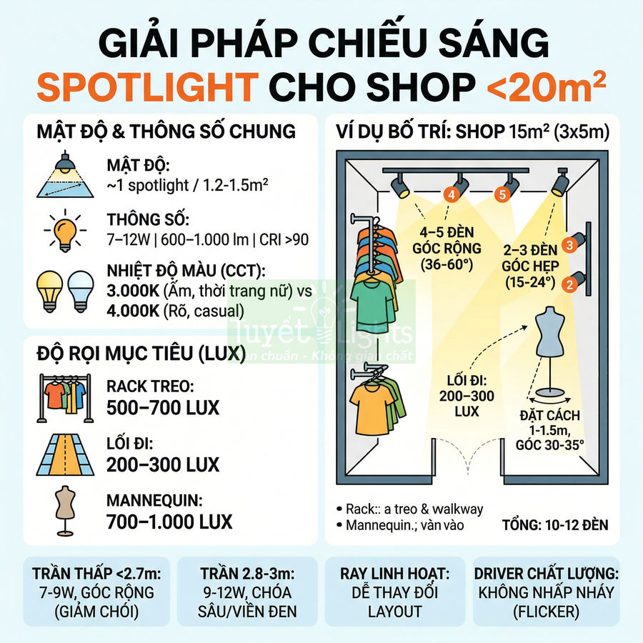 Giải pháp bố trí đèn spotlight chiếu sáng shop thời trang nhỏ dưới 20m2