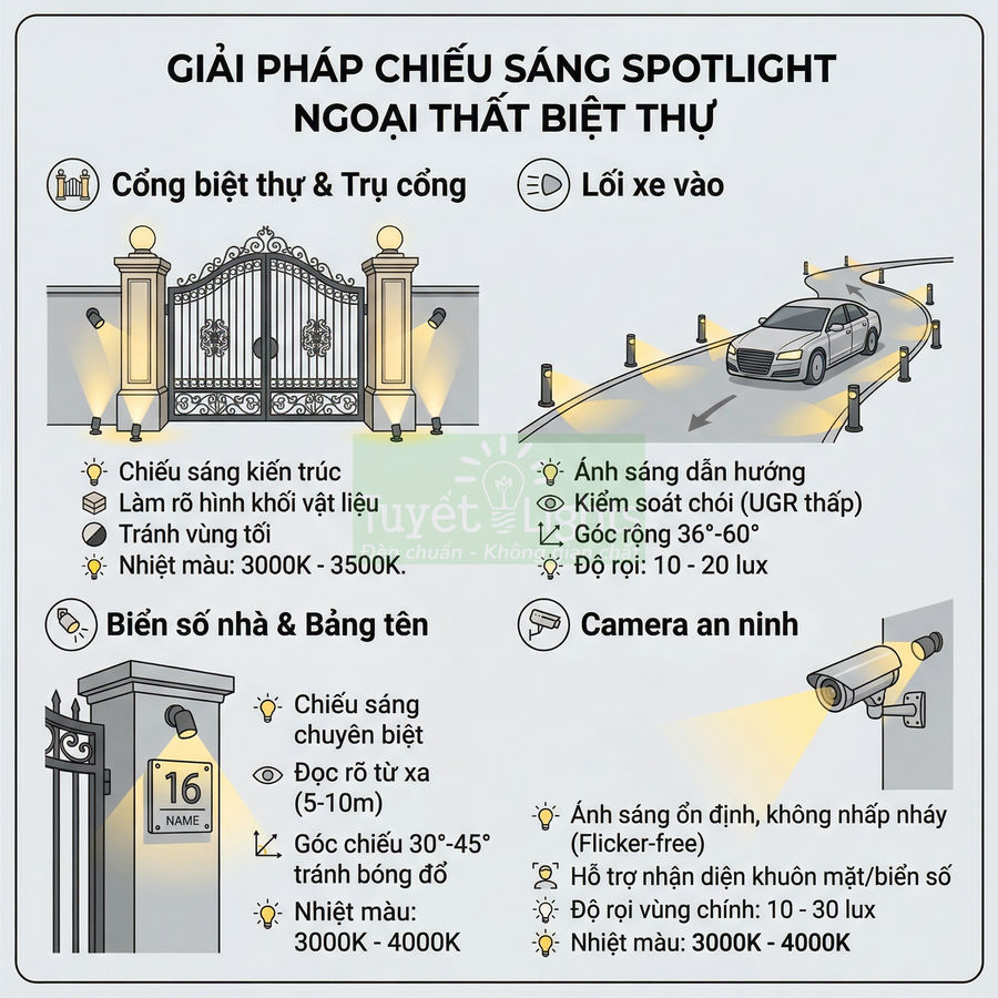 Giải pháp chiếu sáng spotlight ngoại thất biệt thự cho cổng, lối xe vào, biển số nhà và camera an ninh