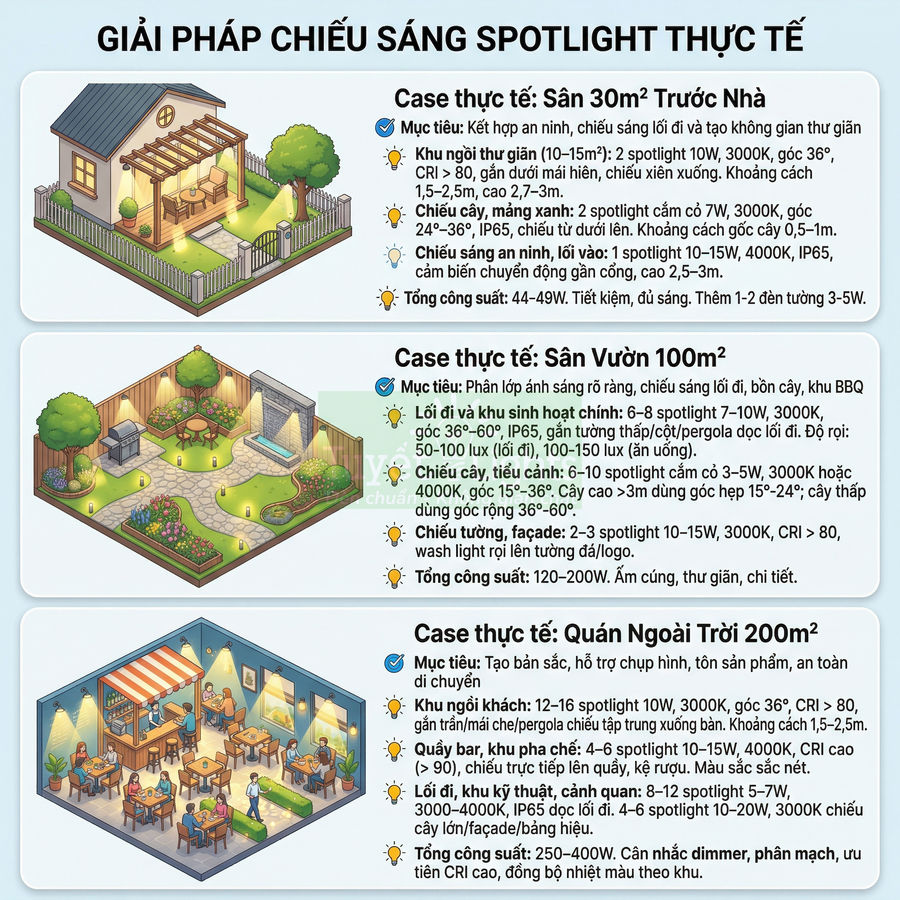 Infographic giải pháp chiếu sáng spotlight thực tế cho sân trước nhà, sân vườn và quán ngoài trời