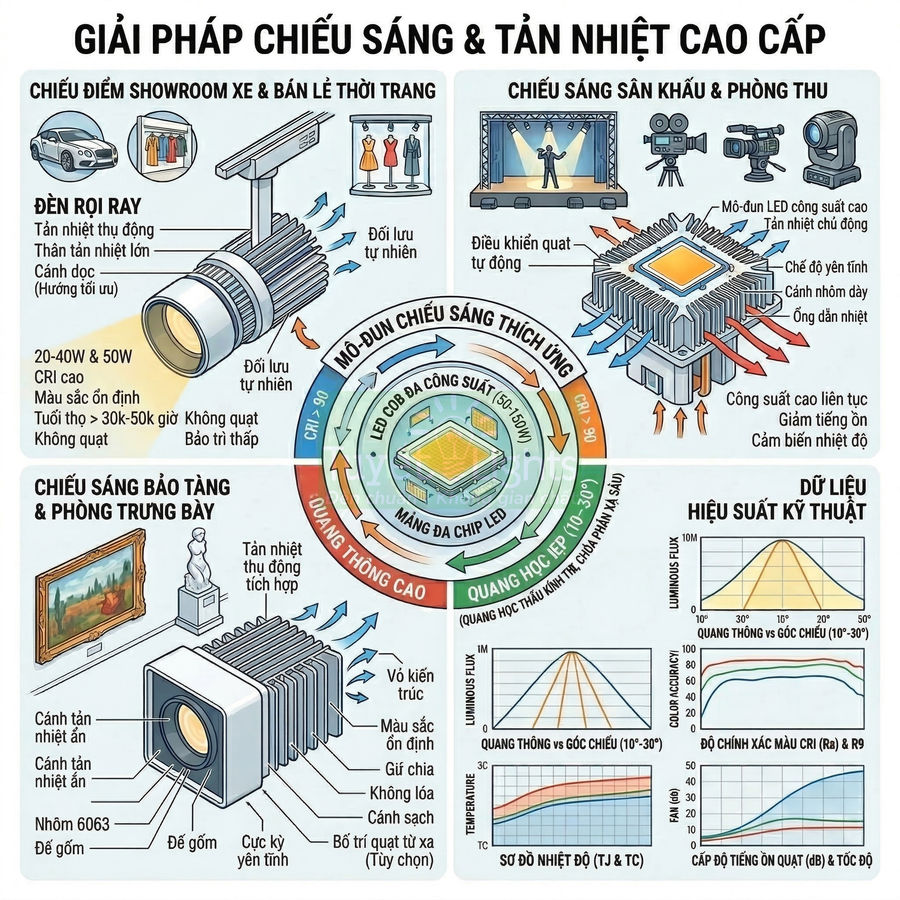 Infographic giải pháp chiếu sáng và tản nhiệt cao cấp cho đèn LED COB công suất lớn, ứng dụng showroom, sân khấu, bảo tàng