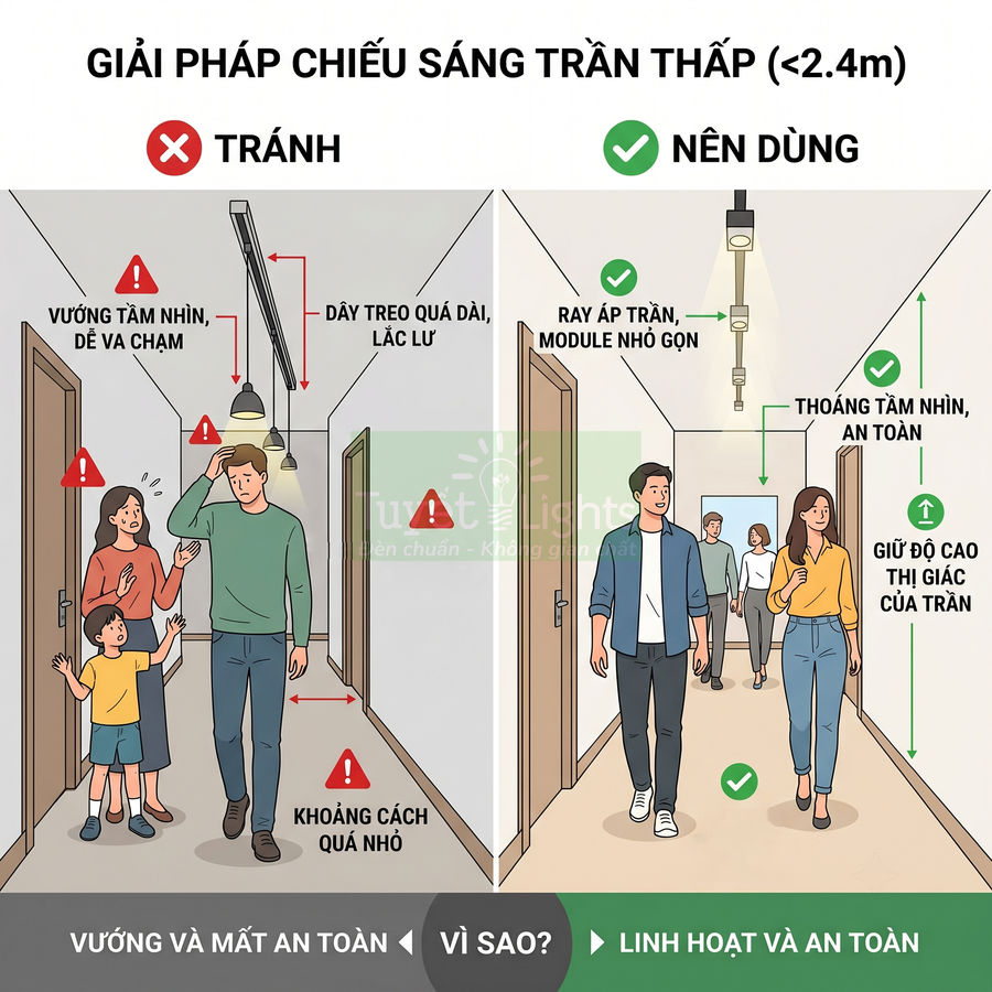 Giải pháp chiếu sáng trần thấp với đèn ray áp trần module nhỏ gọn giúp hành lang thông thoáng an toàn